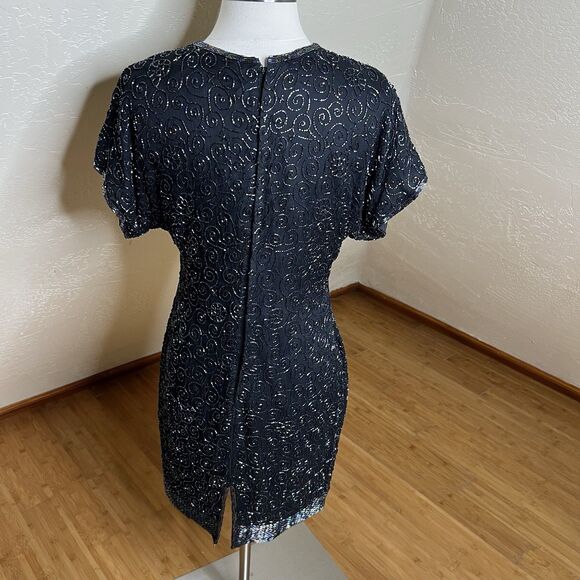 Laurence Kazar Dress Medium Petite Black Silk Rainbow Beaded Short Dolman Sleeve - Picture 9 of 11